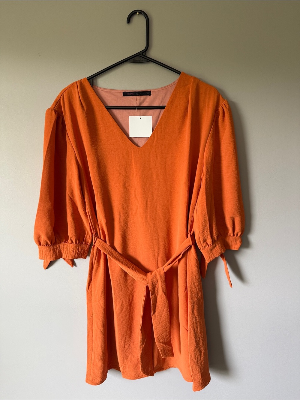 Women's Orange V-Neck Mini Dress with Tie Waist